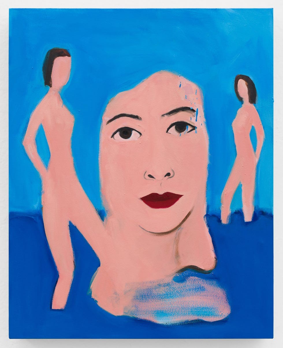 A portrait featuring a woman's face surrounded by two abstract figures against a vibrant blue background.