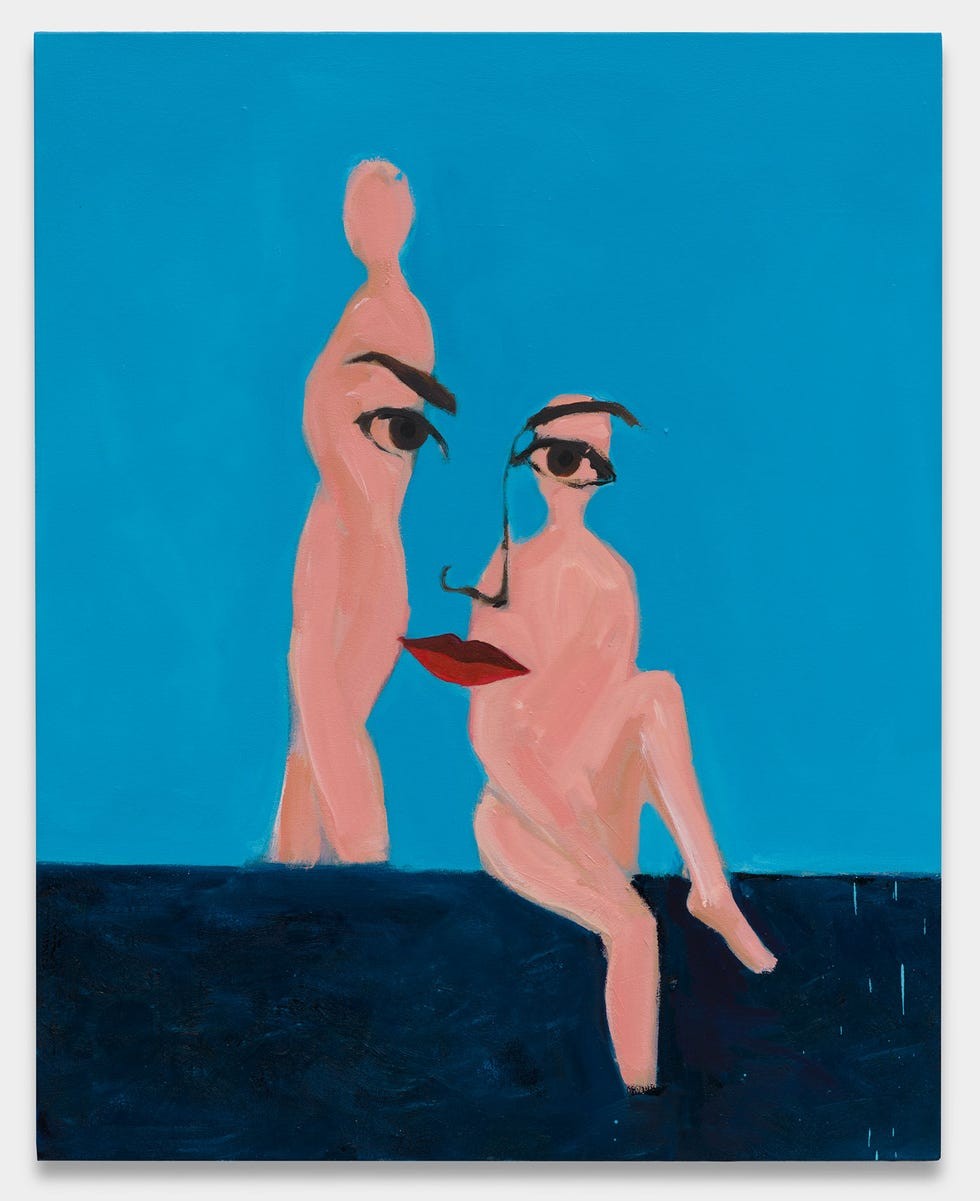 A minimalist abstract painting featuring a face and two figures against a bright blue background.