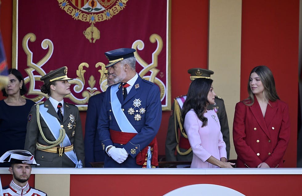 madrid, spain october 12 spains king felipe vi, second left, queen letizia, second right, princess of asturias leonor, left, and infanta sofia, right, attend a military parade marking spains national day, also known as hispanidad, on october 12, 2026 in madrid, spain the october 12 holiday commemorates a date associated with the discovery of the americas and the historical development of spains political, cultural and pluralistic parliamentary monarchy the annual celebrations in the capital incl