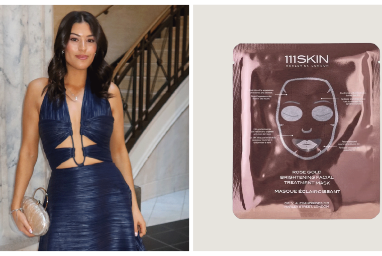 A woman in a blue dress poses elegantly beside a rose gold facial treatment mask packaging.