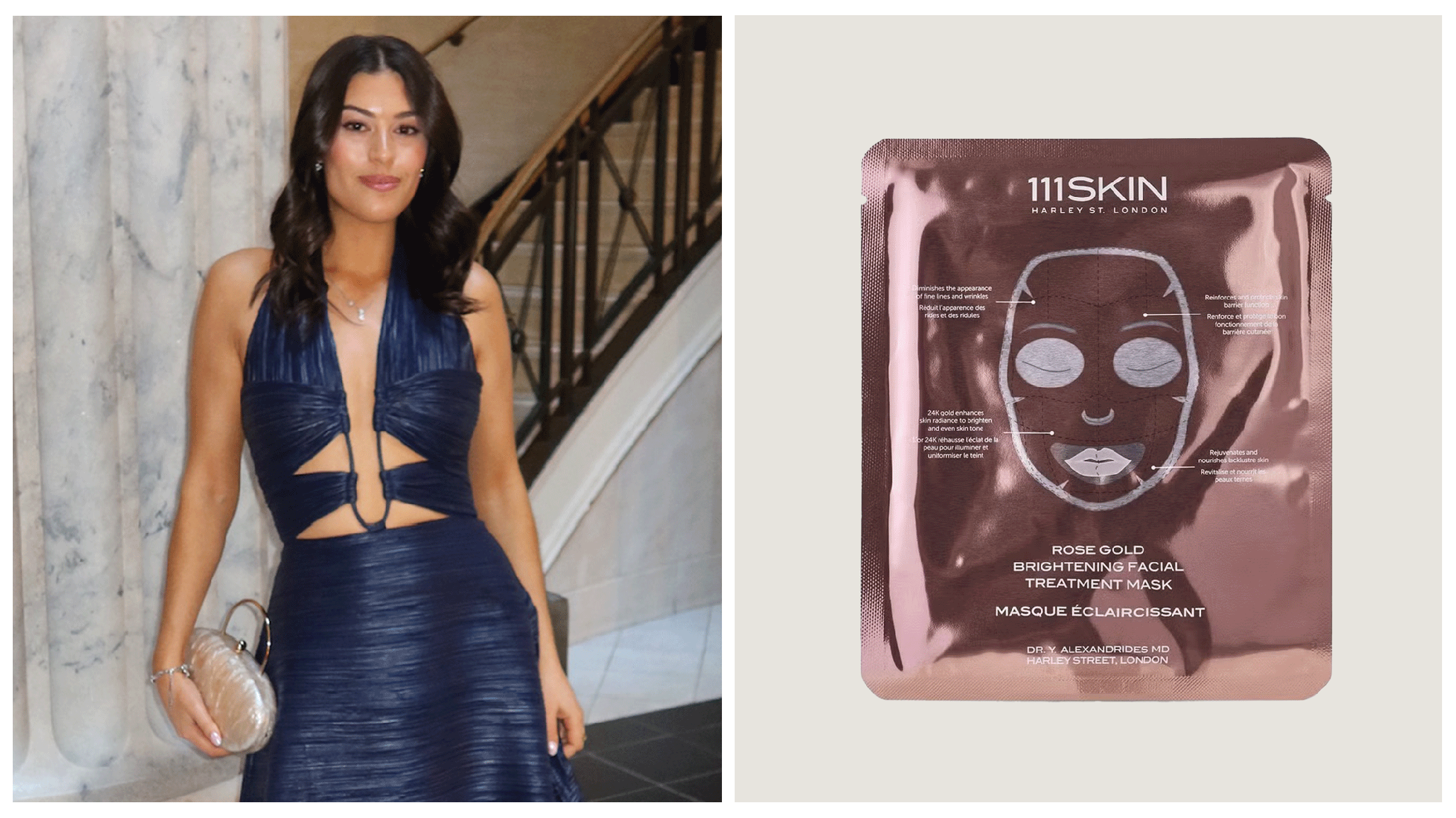 A woman in a blue dress poses elegantly beside a rose gold facial treatment mask packaging.
